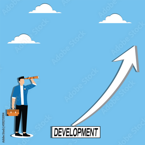 Explore the direction of career or business development, future business forecasts, businessmen with binoculars watching the arrow of development from afar
