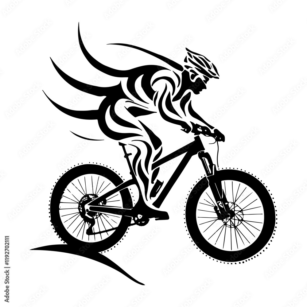 Obraz premium A cyclist wearing a helmet rides a mountain sport bike. Monochrome vector linear silhouette in tribal tattoo style