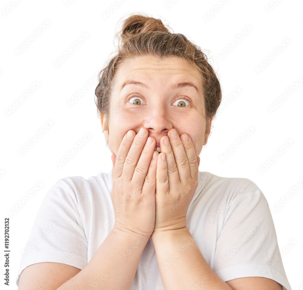 Surprised caucasian young female with hands on face and wide eyes expressing Surprised caucasian young female with hands on face and wide eyes expressing