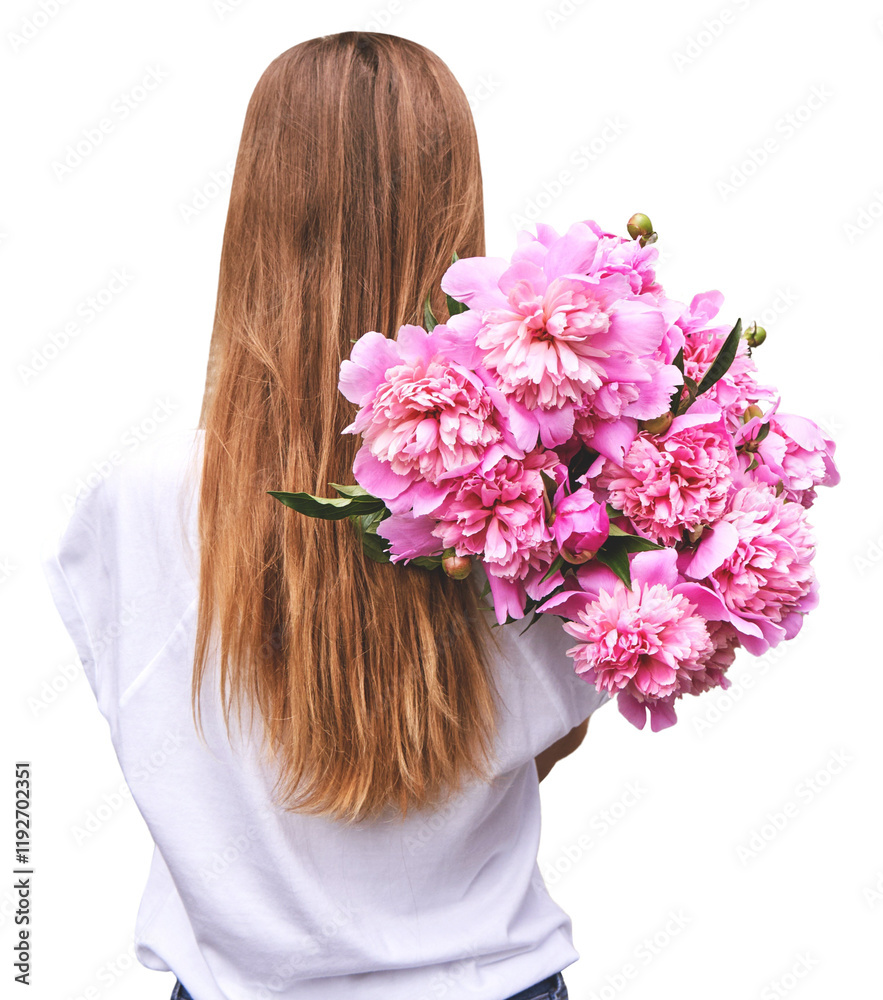 Naklejka premium Caucasian young female with long hair holding pink peonies in white shirt