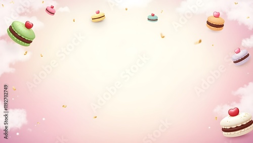 A whimsical dessert-themed background with floating macarons, cakes, and glittering sugar sprinkles, creating a fun and magical visual.