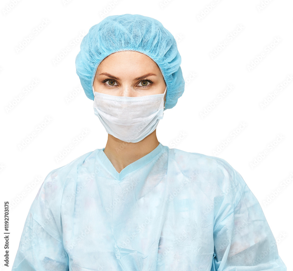 Female caucasian medical professional in surgical attire with mask and cap Female caucasian medical professional in surgical attire with mask and cap