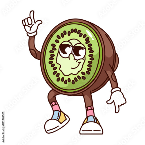 Groovy half kiwi cartoon character dancing and smiling. Funny retro dance of tropical fruit with juicy green pulp and peel. Food mascot, cartoon kiwi sticker of 70s 80s style vector illustration