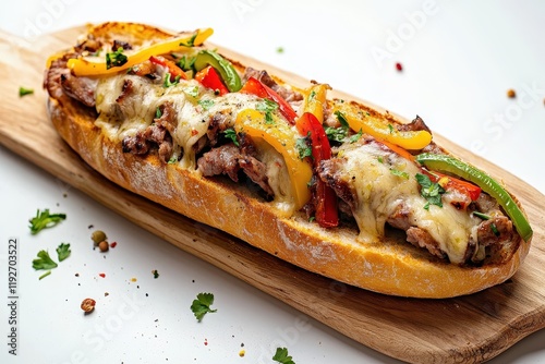 Grilled Steak, Pepper, Cheese Sub on Wooden Board
