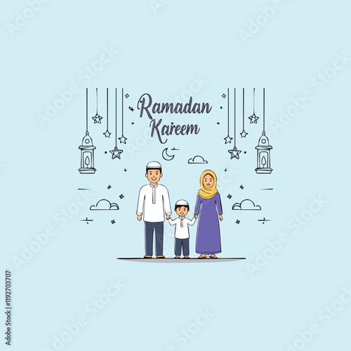 Ramadan kareem, islamic family, simple outline islamic pattern.