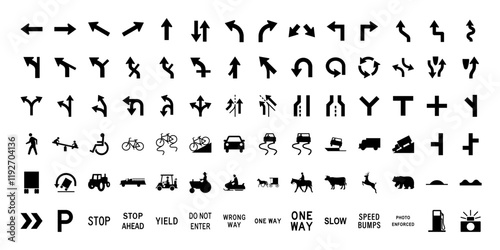 Road arrows and symbols isolated set. Vector