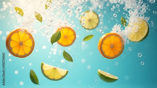 Slices of oranges, lemons, and limes floating in clear sparkling water, with bubbles and a soft blue gradient, creating a dreamy underwater effect.