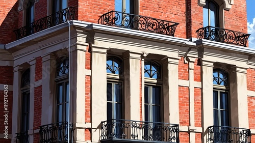 Building Facade with Elegant Red Brick Design and Ornate Balcony Details photo