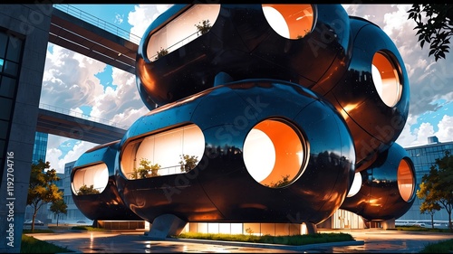 Futuristic Orb-Like Building with Bold Architecture and Illuminated Windows photo