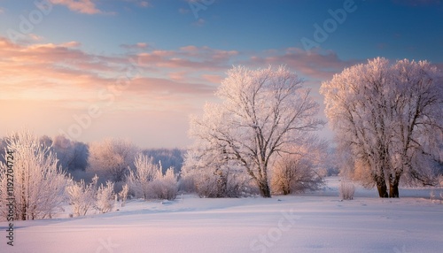 Wallpaper Mural Generated image A snowy February landscape with frost-covered trees under a soft pastel sky. Torontodigital.ca