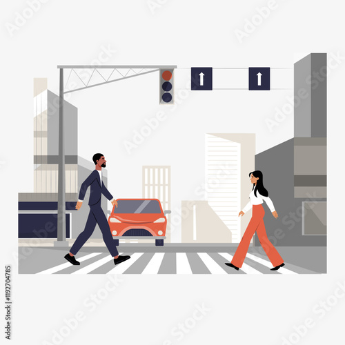 Pedestrians crossing street in flat vector illustration symbolizing urban mobility, traffic regulations, and pedestrian safety, isolated on white background.