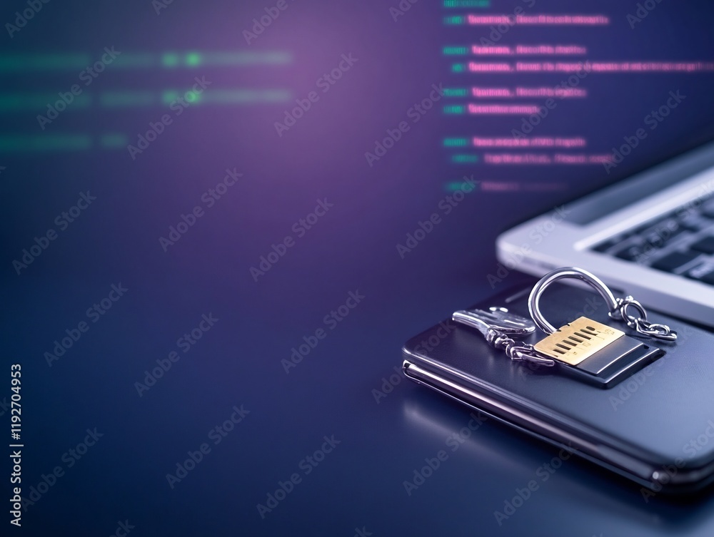 Secure Phone Data Cybersecurity Padlock Dark Purple Gradient Background. AI Generated Secure Phone Data Cybersecurity Padlock Dark Purple Gradient Background. AI Generated