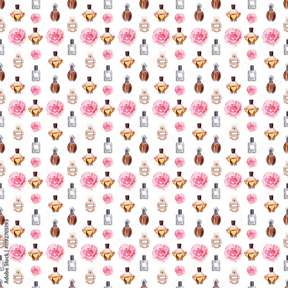 Watercolor seamless pattern with aromatic herbs and flowers, perfume bottles and eau de toilette Watercolor seamless pattern with aromatic herbs and flowers, perfume bottles and eau de toilette