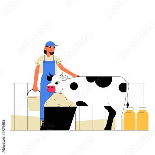 Female Farmer Feeding A Cow In Flat Vector Illustration Symbolizing Agriculture, Livestock Care, And Sustainable Farming, Isolated On White Background.