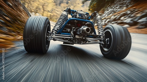 A detailed view of the suspension components in a race car, including reinforced shock absorbers and sway bars, with the car in a dynamic drift position on a winding mountain road during a touge  photo