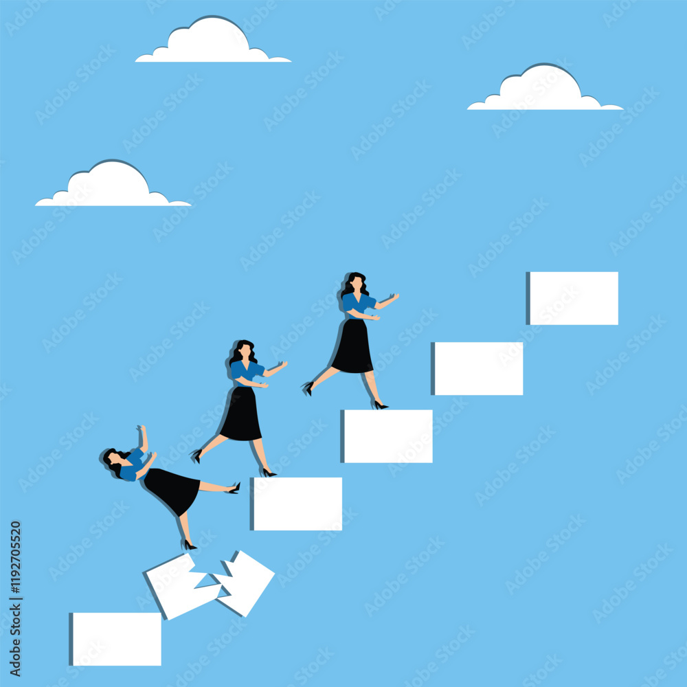 Naklejka premium Risks, crises and setbacks on the career or business path, risks and crises in financial investments, damages and collapses on the path of the businesswoman