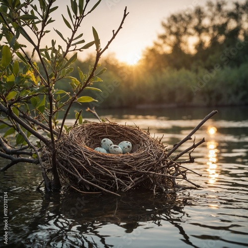 A sparrow's nest with eggs, set on a branch over a shimmering river at sunrise.