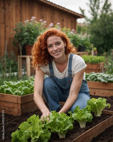 Wallpaper Mural Young woman with red curly hair planting lettuce in a thriving vegetable garden Torontodigital.ca