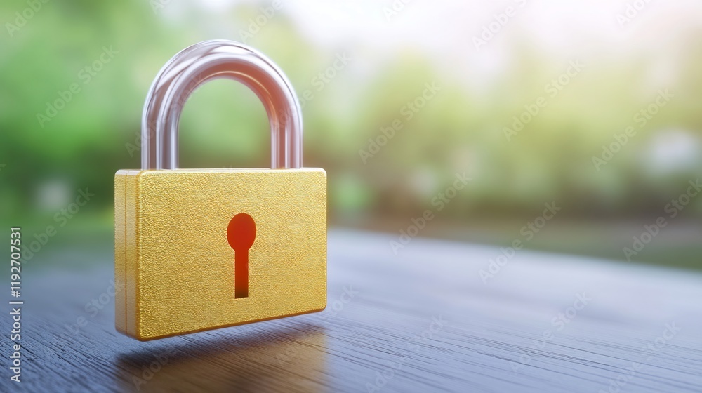 Naklejka premium Golden Padlock Securely Rests on Wood Soft sunlight enhances its protective gleam. AI Generated