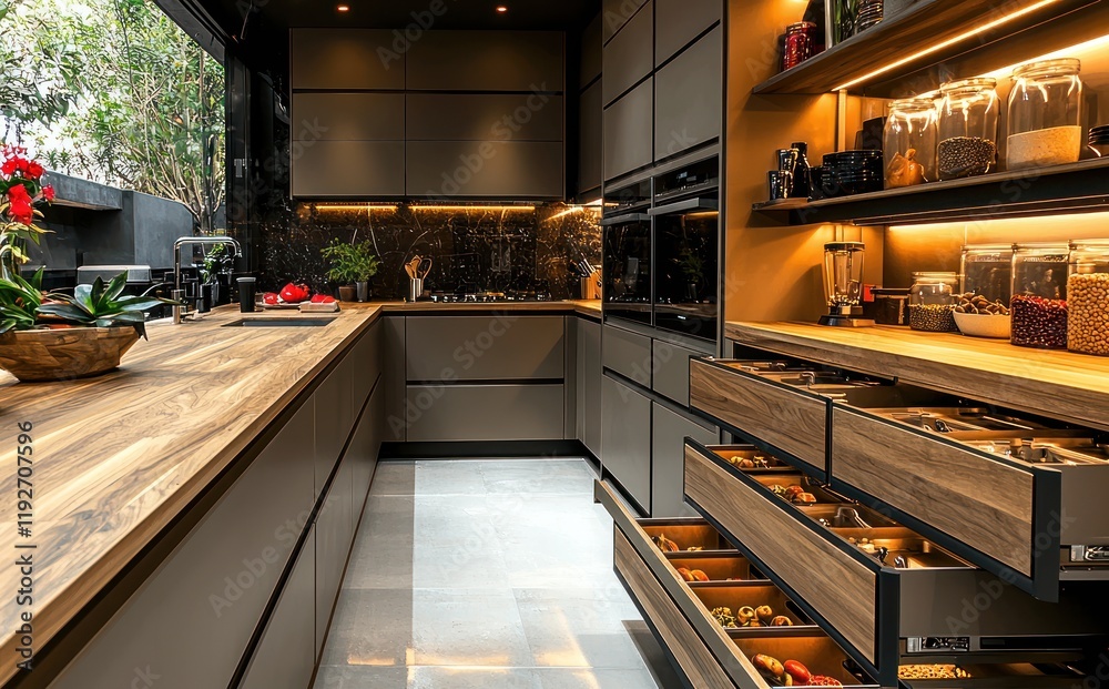 Fototapeta premium Modern kitchen with sleek design and storage.