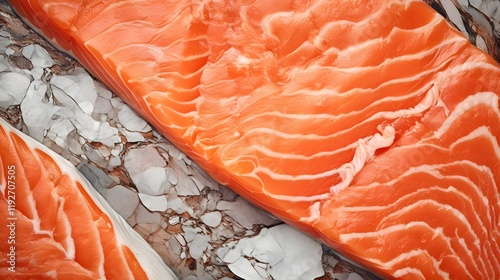 Closeup of a salmon fillet showcasing its distinctive marbling texture and opulent gourmet appearance  This image is perfect for culinary food and nutrition related content and marketing photo