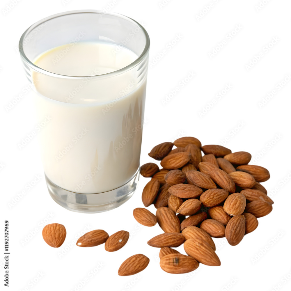 almonds milk in glass and almonds nuts on transparent background almonds milk in glass and almonds nuts on transparent background