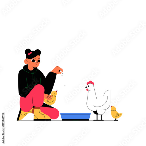Female Character Feeding Chickens In Flat Vector Illustration Symbolizing Farming, Poultry Care, And Sustainable Agriculture, Isolated On White Background