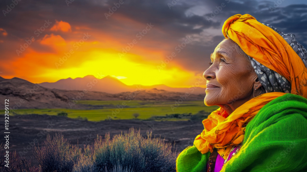 Obraz premium Woman gazing at a vibrant sunset in a serene landscape while wearing colorful traditional attire