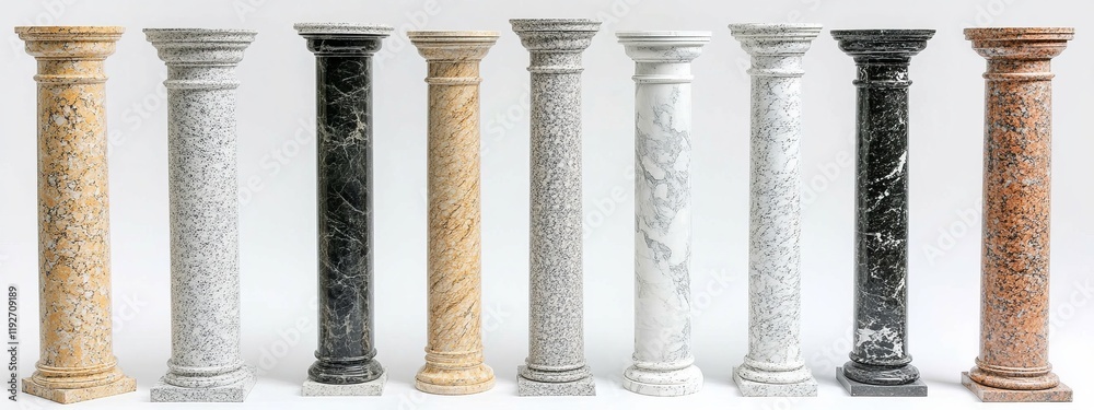 White Marble Columns Showcasing Various Architectural Styles, Isolated on White Background, Classic, Elegant, Historical, Structural Design White Marble Columns Showcasing Various Architectural Styles, Isolated on White Background, Classic, Elegant, Historical, Structural Design