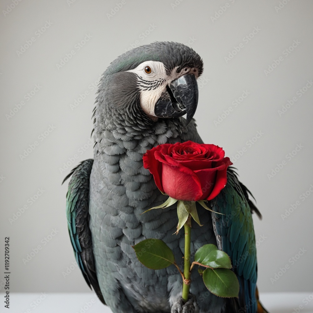 Fototapeta premium A parrot perched next to a red rose bouquet, looking intently at the petals, captured against a clean white surface.