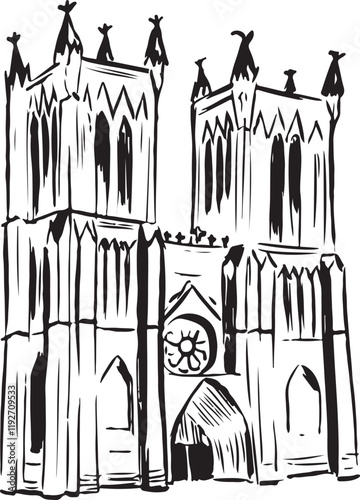 Bristol Cathedral, Bristol, England black and white ink sketch. Gothic architecture with intricate stonework and glass windows. Historic landmark illustration. Perfect for tourism, travel and culture