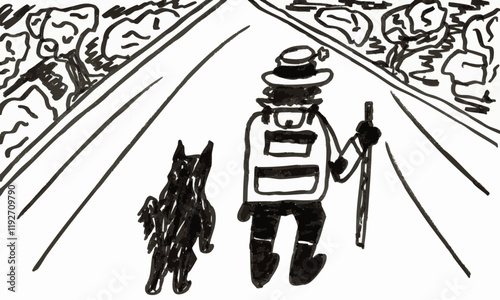 Two friends - A man with his dog - Ink Art - Black Ink Pen - Hand drawn