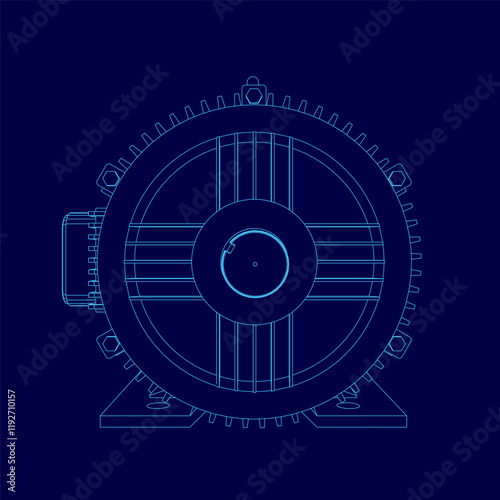 Blue drawing of a motor. The motor is shown in a cross section, with the center of the motor being the focus. The drawing is of a motor that is used to power a machine