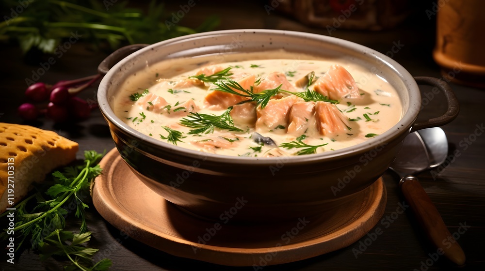 Creamy and Delectable Salmon Chowder Served in a Warm Rustic Ceramic Bowl A Comforting and Hearty Meal or Appetizer Creamy and Delectable Salmon Chowder Served in a Warm Rustic Ceramic Bowl A Comforting and Hearty Meal or Appetizer