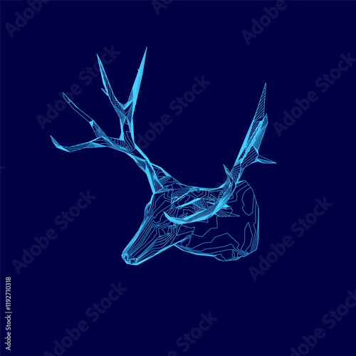 Blue deer head with a blue background. The deer head is drawn in a stylized way, with a blue color scheme. The image has a calm and serene mood, with the blue color giving it a peaceful