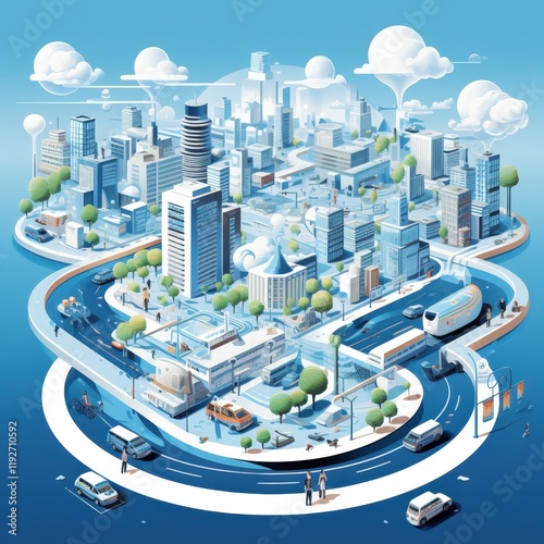 3d isometric smart city AI generated illustration. Energy power technology iot concept. Global network connection with engineering networks, green electric power