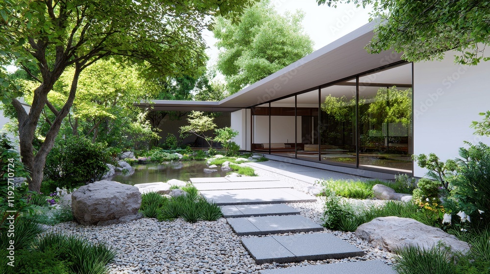 Fototapeta premium Tranquil Japanese Garden with Stones and Modern Architecture in Fantasy World
