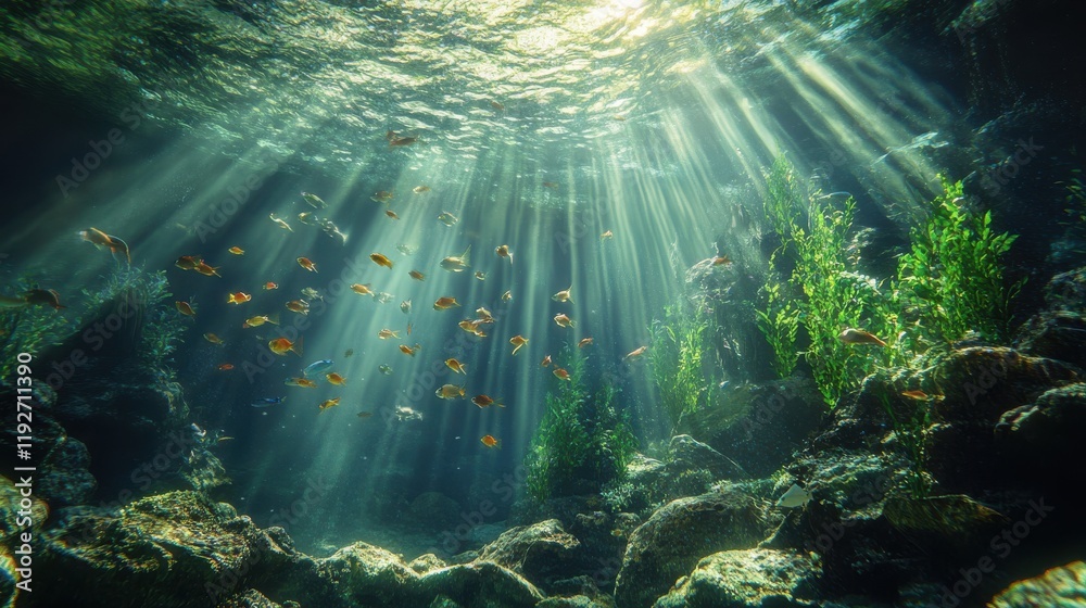 Obraz premium Underwater habitat design featuring scenic aquatic elements on rocky reef backdrop, marine design theme