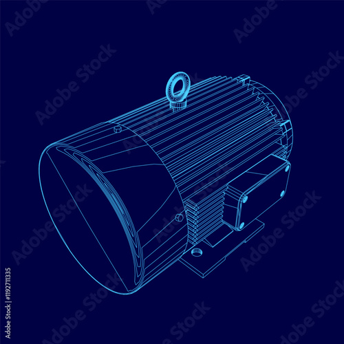 Blue drawing of a motor. The motor is shown in a 3D format, with a blue background. The motor is a large, powerful piece of machinery, and the drawing conveys a sense of strength and power