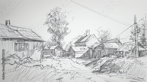 Pencil sketch of a small village with houses and trees.