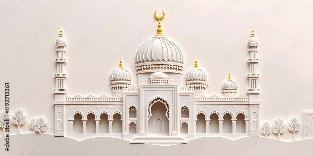 Obraz premium Intricate Paper Cut-Out Mosque Art with Domes and Arches