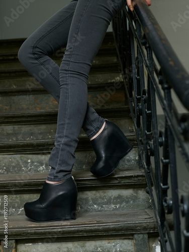 Woman standing on a staircase wearing black wedge heel shoes and grey skinny jeans photo