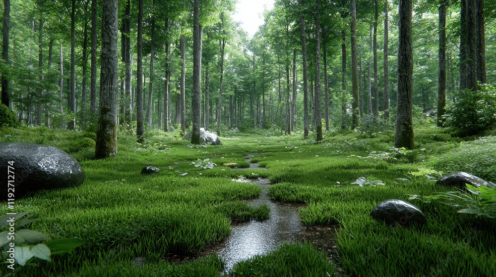 Serene Kitchen Scene Surrounded by Tall Trees and Lush Green Forest Landscape