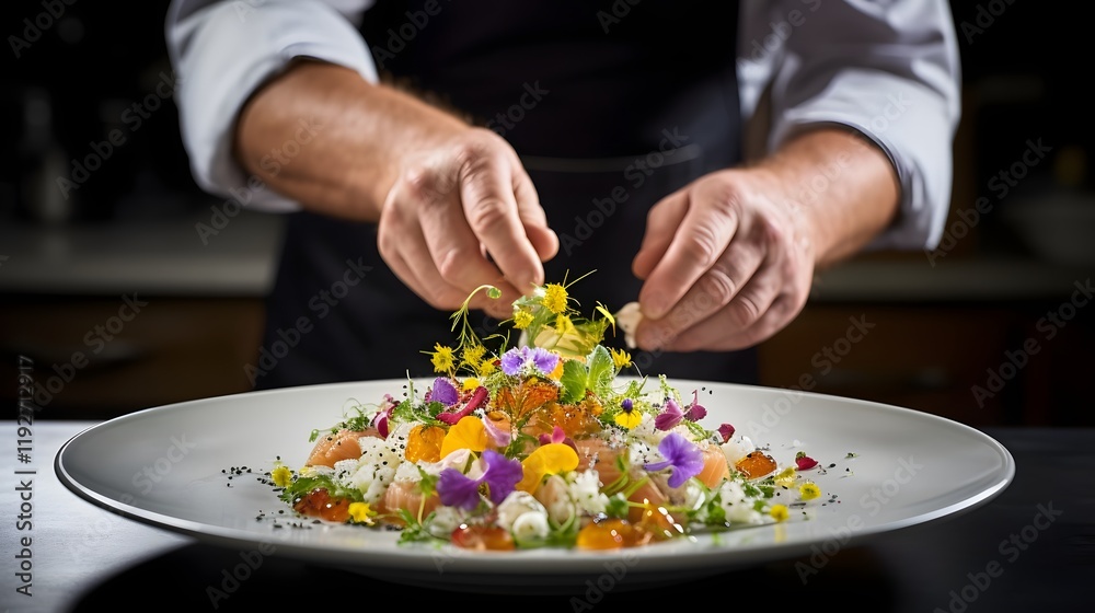 Skilled chef arranging a visually stunning plate of fresh salmon tartare beautifully garnished with delicate edible flowers for a high end gourmet dining experience Skilled chef arranging a visually stunning plate of fresh salmon tartare beautifully garnished with delicate edible flowers for a high end gourmet dining experience