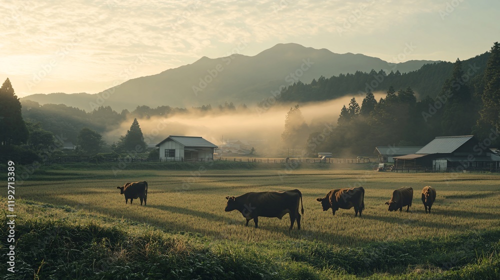 Cows grazing in a meadow with mountains in the background. Cows grazing in a meadow with mountains in the background.