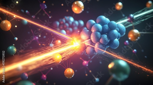 A conceptual image blending the process of nuclear fission with an artistic interpretation of atomic particles colliding and splitting, with radiant energy beams and colorful force lines illustrating 
