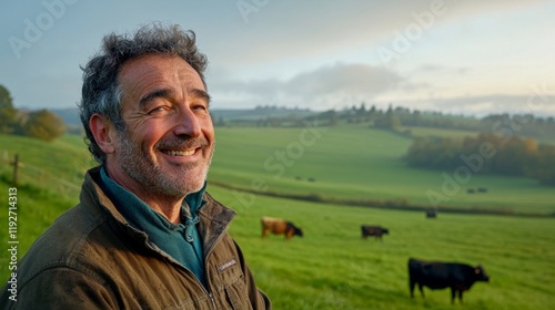 Joyful farmer smiling amidst cows in lush green pasture rural landscape morning light nature appreciation
