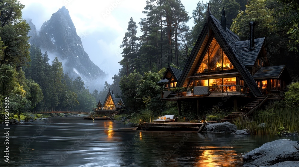 Naklejka premium Cozy Winter Cabin in a Magical Forest Near a Serene Mountain Landscape