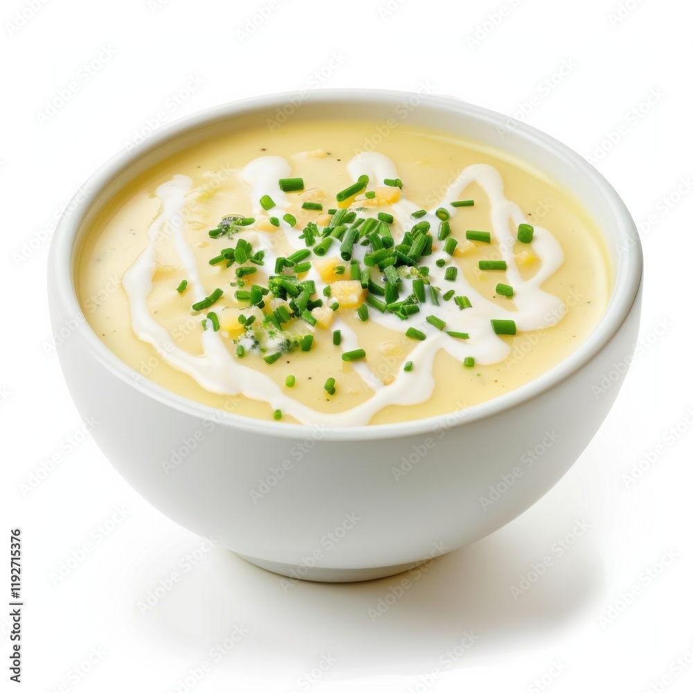 A bowl of creamy broccoli cheddar soup with a drizzle of cream and chives, isolated white background, contemporary art style
