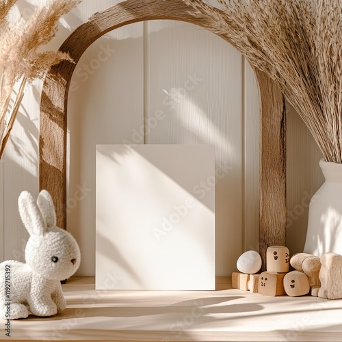 Soft and neutral baby shower decor with a bunny, blank card, and rustic elements. AI generated image